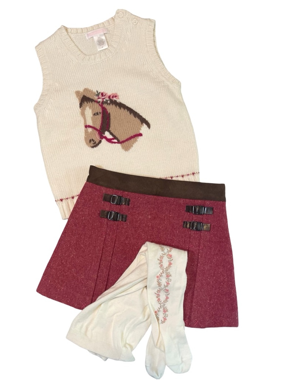 Janie and Jack Riding Club Cream Horse Knit Vest, Tweed Skirt & Floral Tights 3T